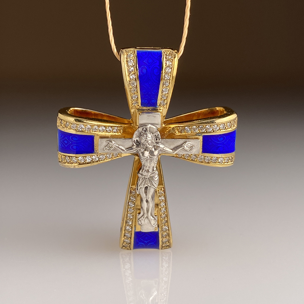 Нательный крест «КРСЭ110»  с камнями и эмалью серебро/золочение