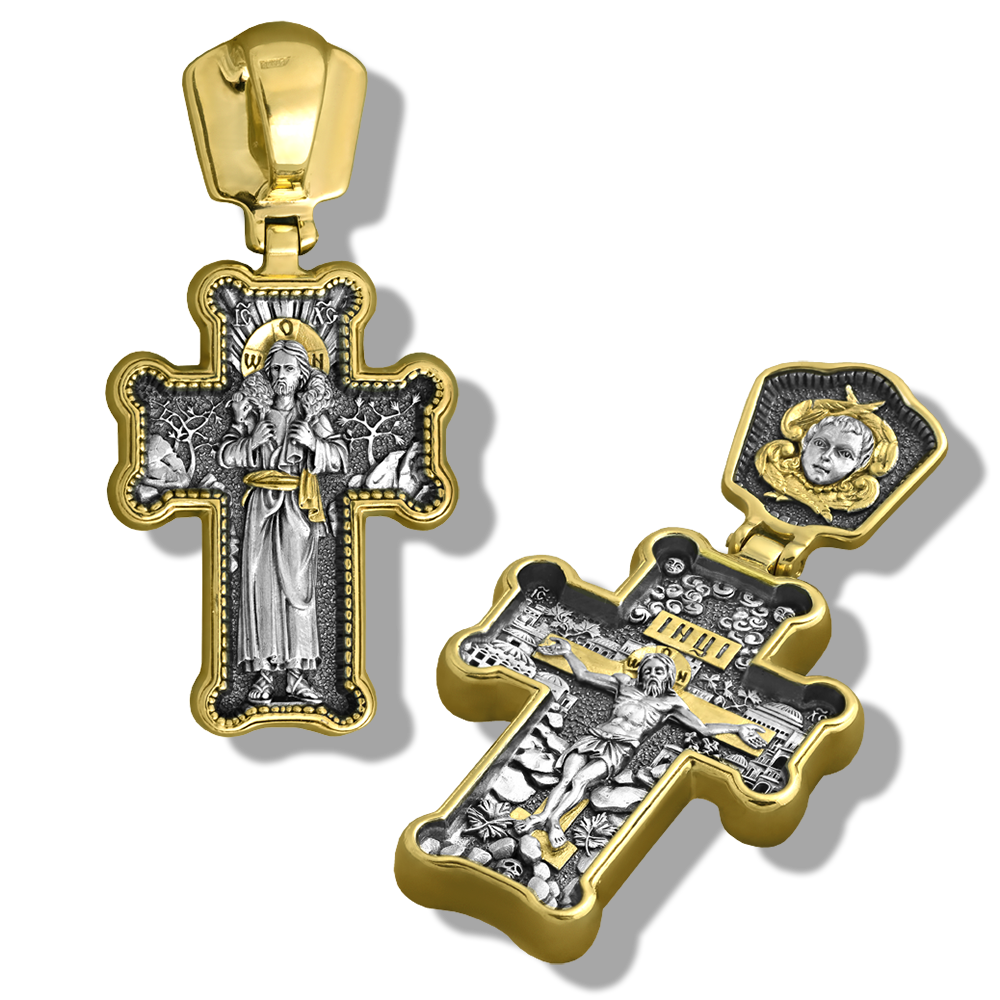 Нательный крест «Пастырь добрый» серебро/золочение