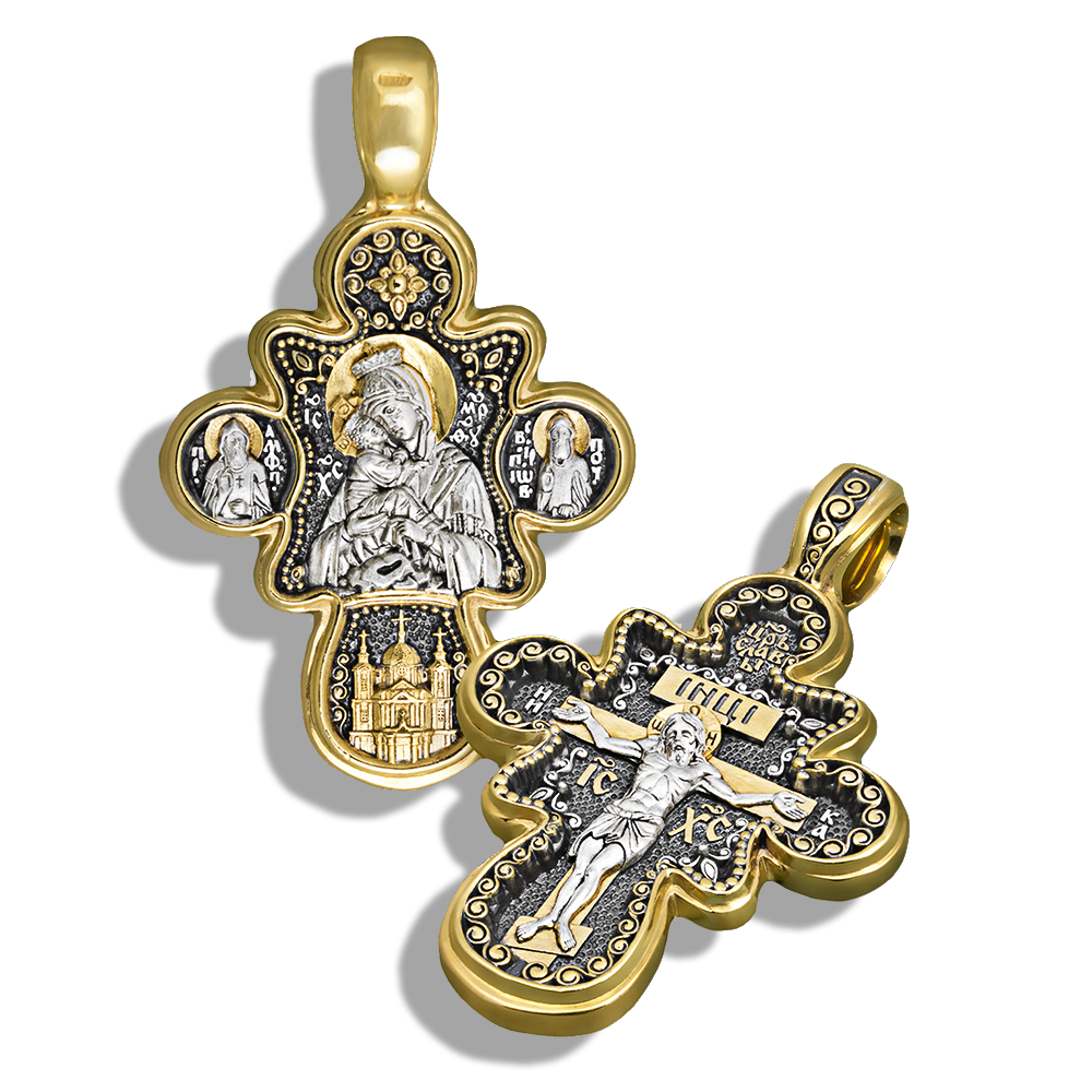 Нательный крест «Почаевская Божья Матерь» серебро/золото