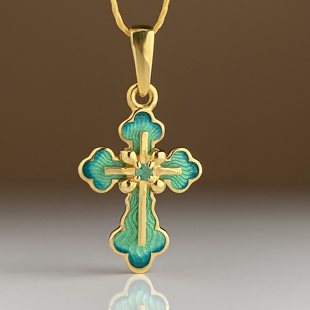 Нательный крест с горячей эмалью и изумрудом КРД03сз