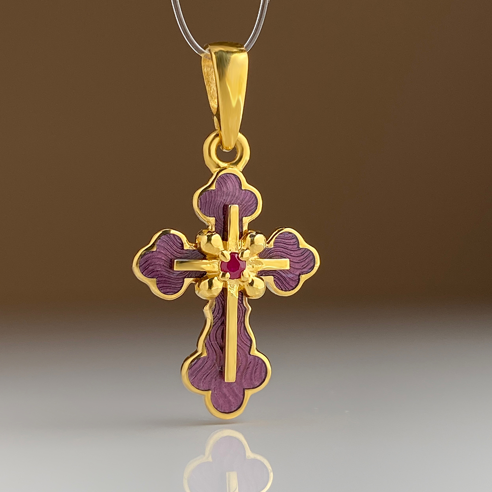 Нательный крест с горячей эмалью и рубином КРД03
