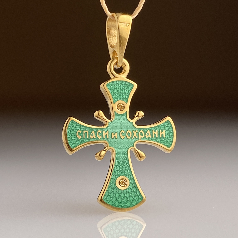 Нательный крест с изумрудами зеленый