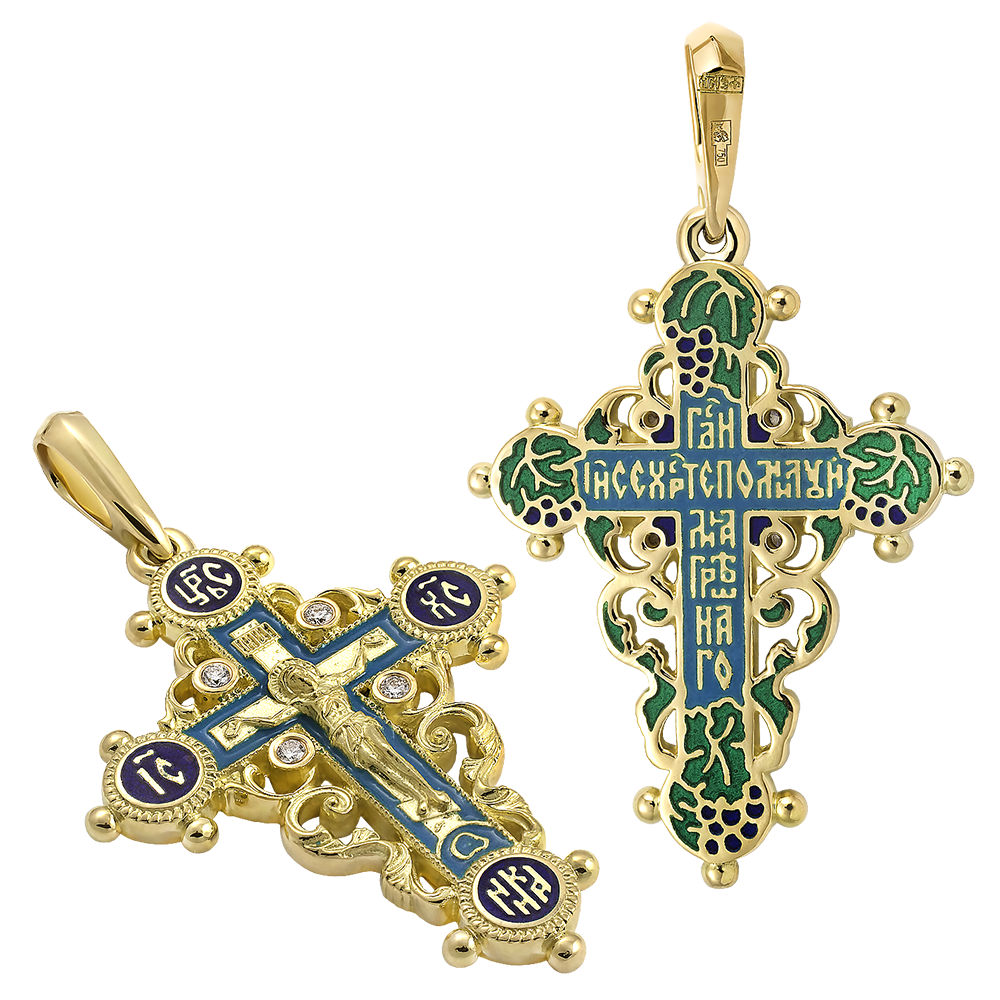 Нательный крест с камнями и эмалью «КЭ 01» серебро/золочение