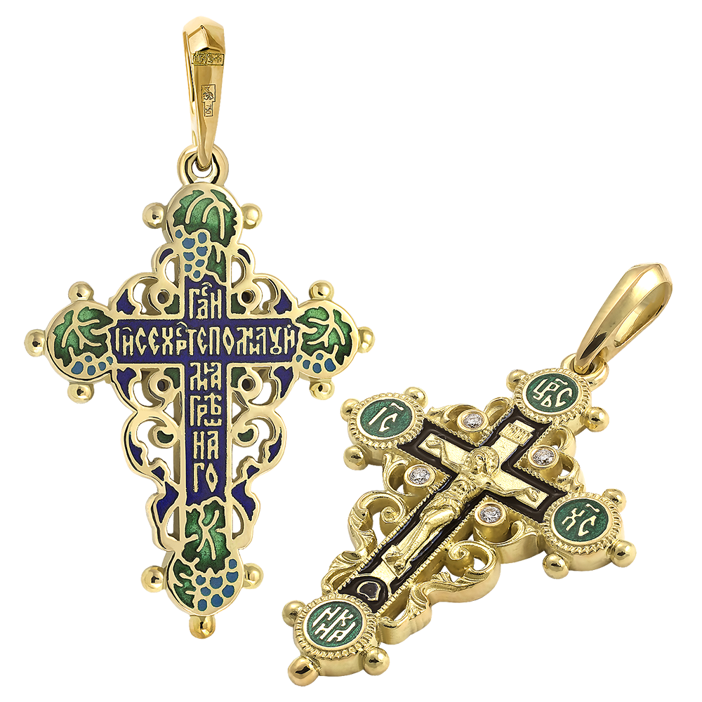 Нательный крест с камнями и эмалью «КЭ 01» серебро/золочение