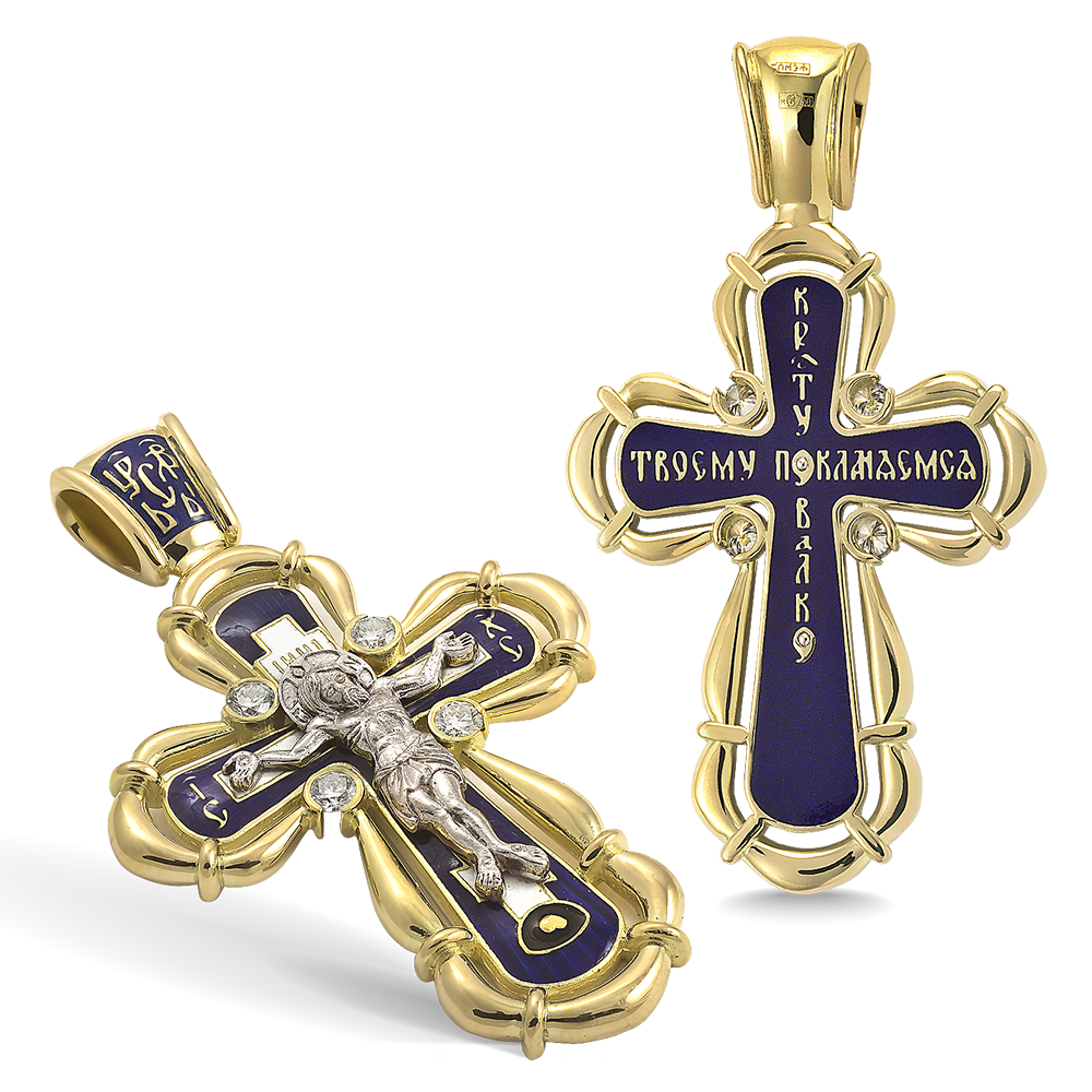 Нательный крест с камнями и эмалью КЭ 101 серебро/золочение