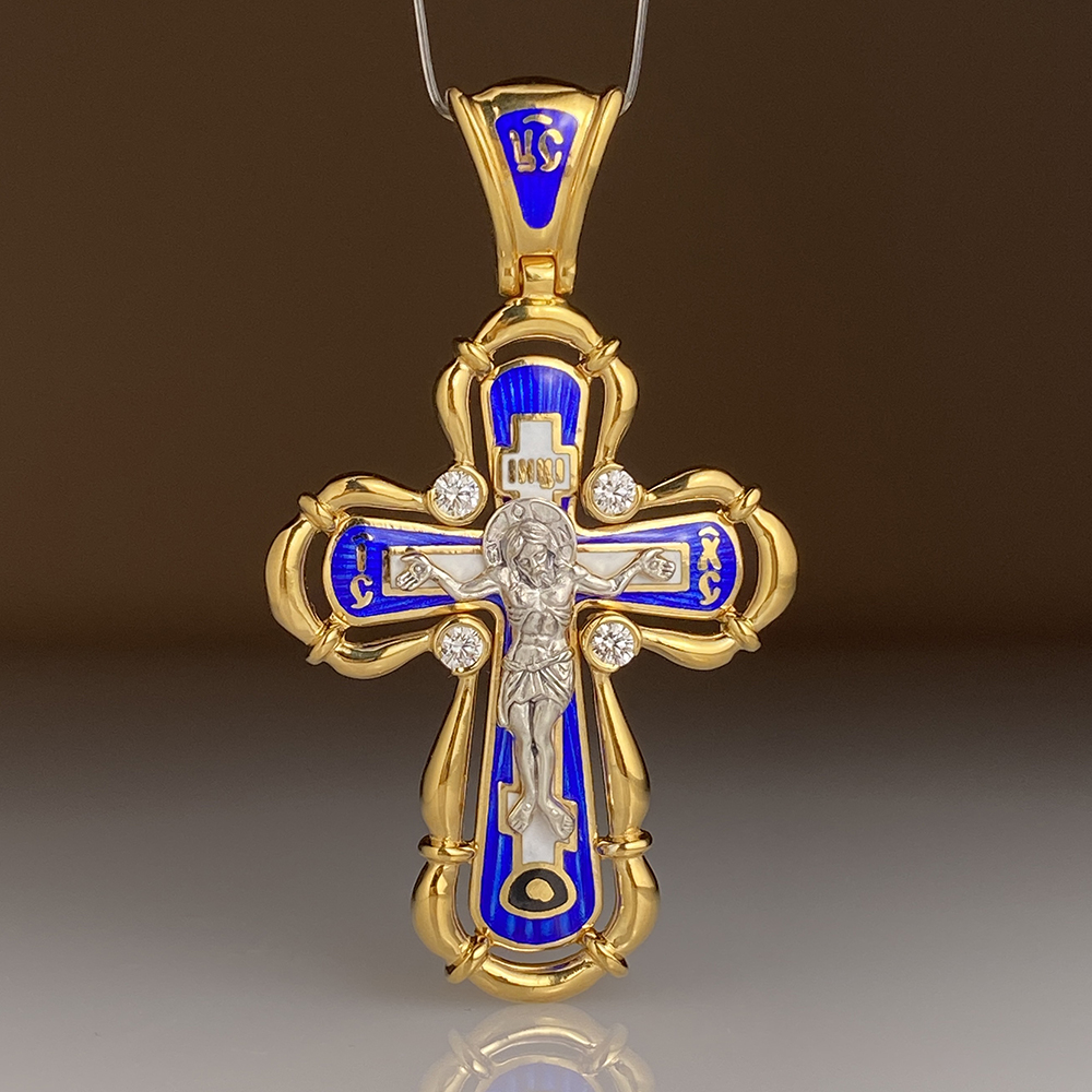 Нательный крест с камнями и эмалью КЭ 101 серебро/золочение