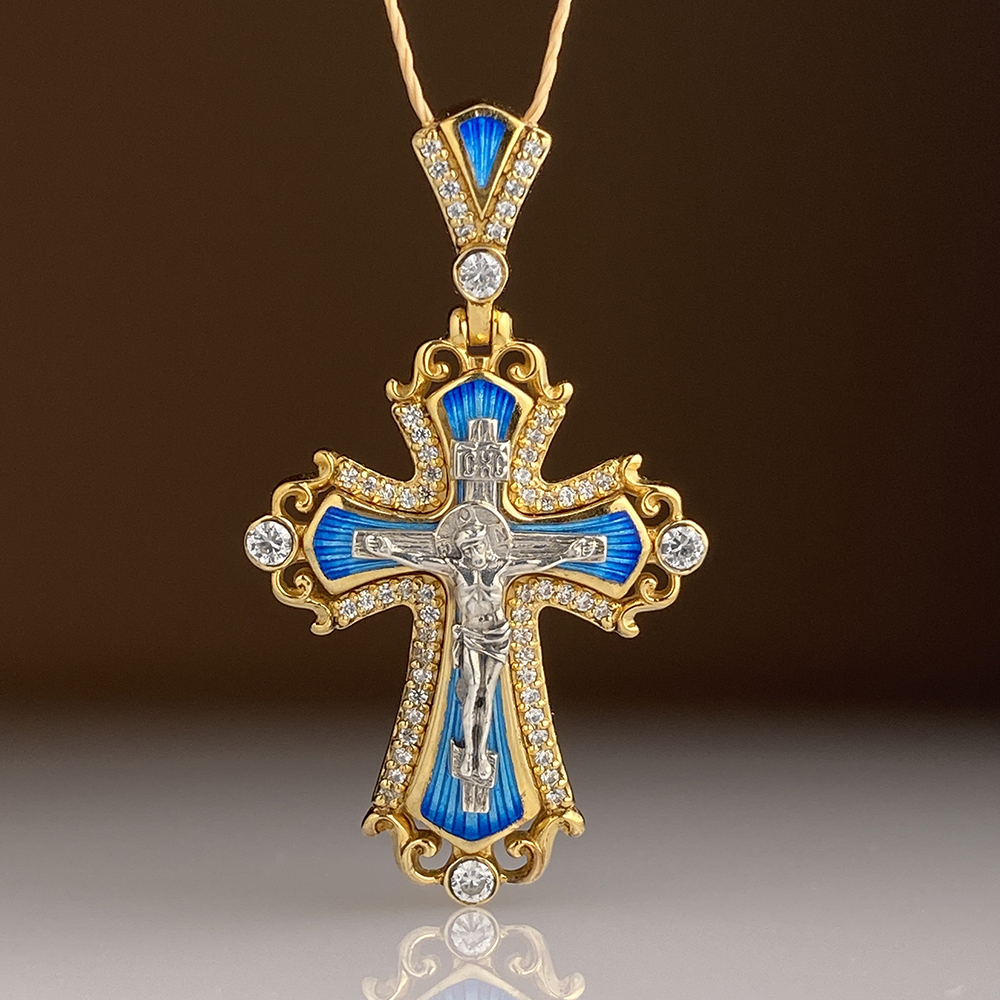 Нательный крест с камнями и эмалью КЭ119  голубой