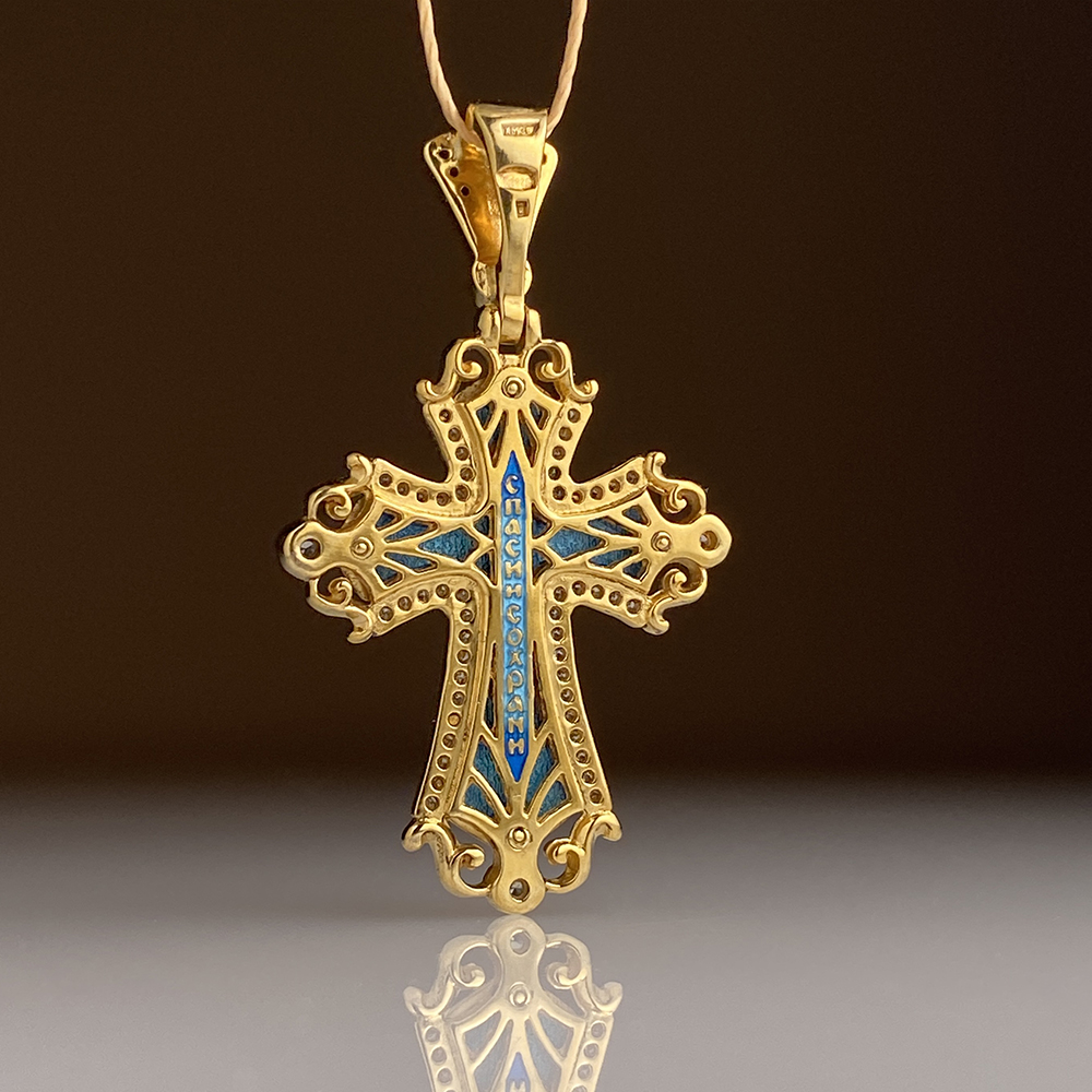Нательный крест с камнями и эмалью КЭ119  голубой