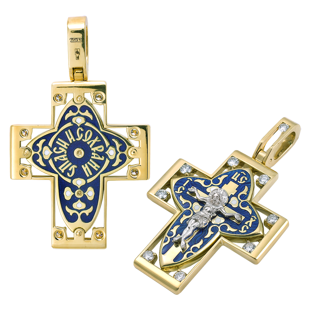 Нательный крест с камнями и эмалью «КЭ102» серебро/золочение