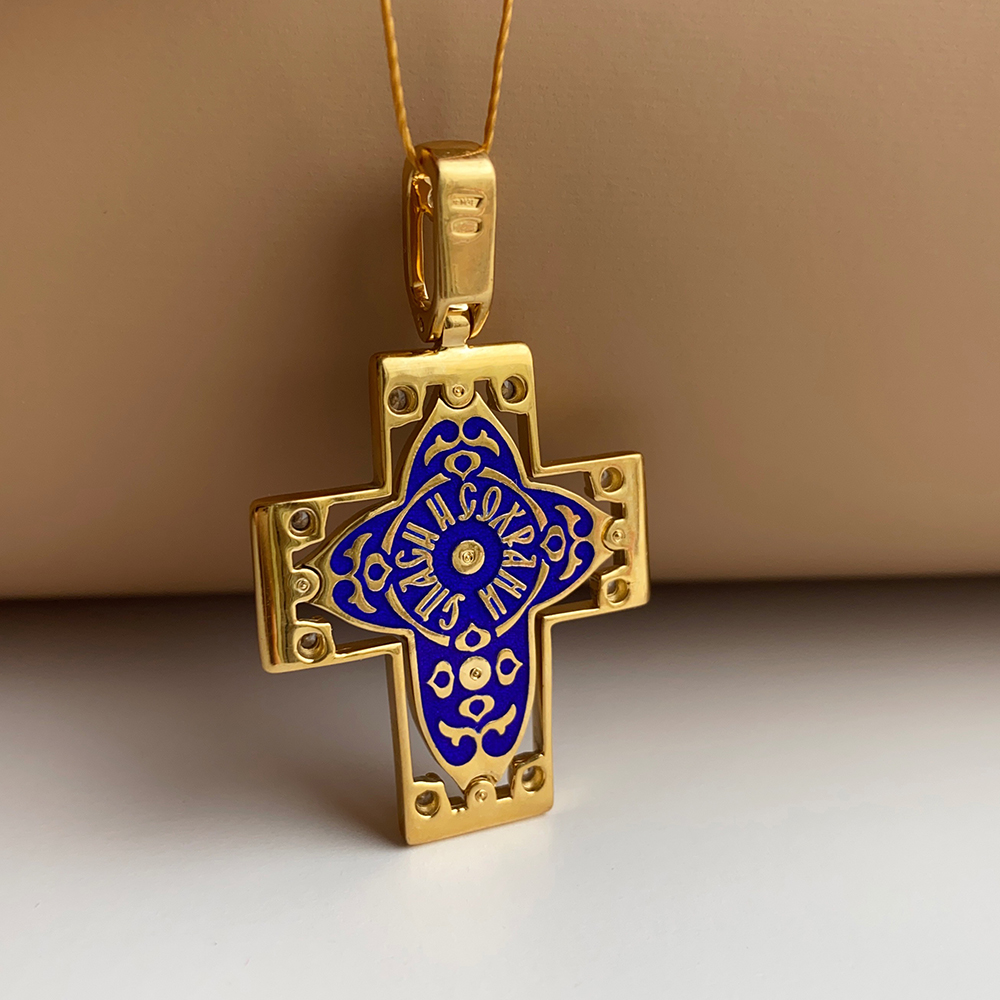 Нательный крест с камнями и эмалью «КЭ102» серебро/золочение