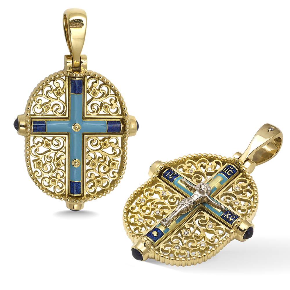 Нательный крест с камнями и эмалью «КЭ104» серебро/золочение