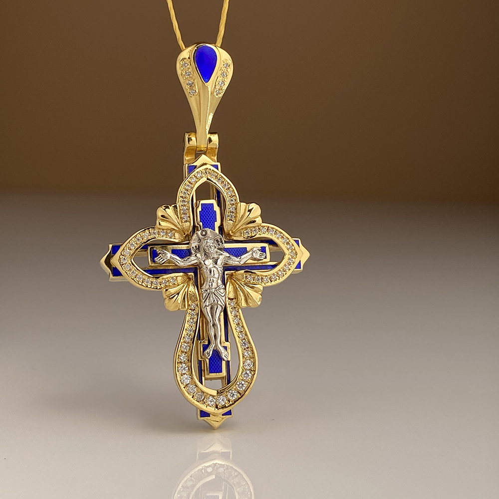 Нательный крест с камнями и эмалью «КЭ116» серебро/золочение