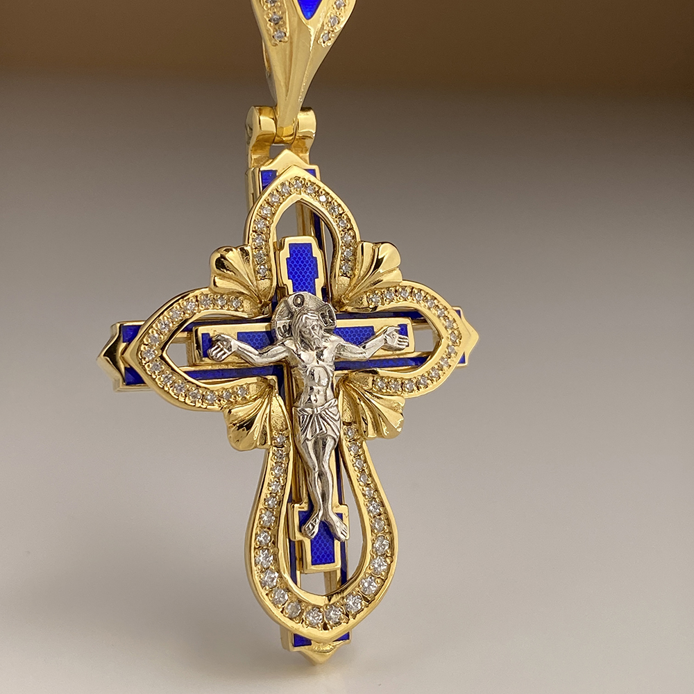 Нательный крест с камнями и эмалью «КЭ116» серебро/золочение