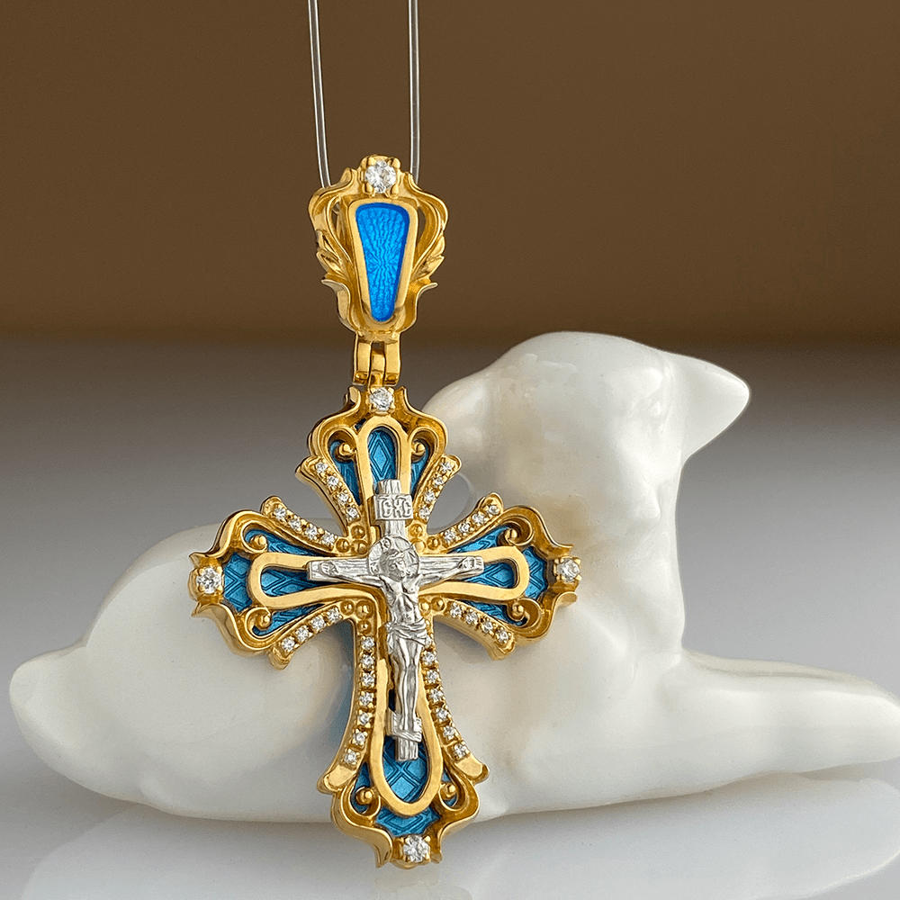 Нательный крест с камнями и эмалью КРЭ 120 серебро/золочение