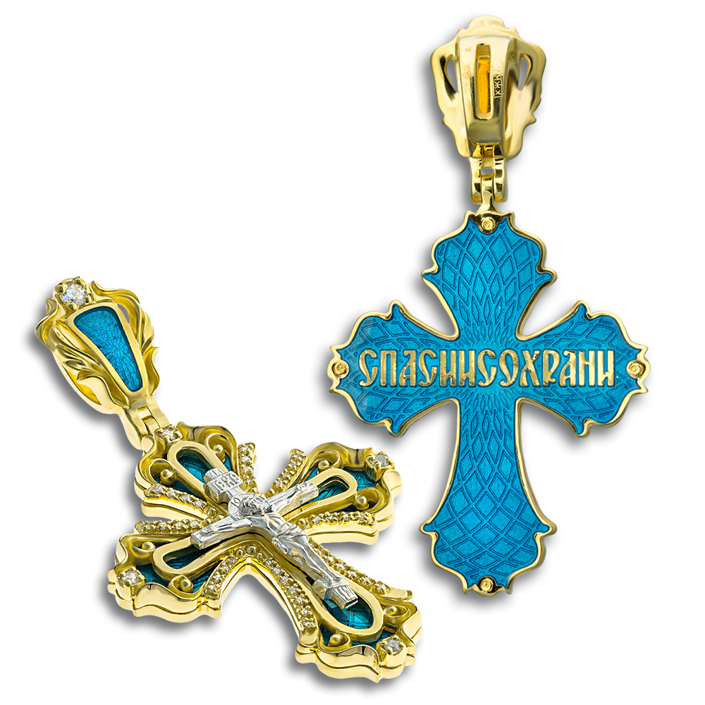 Нательный крест с камнями и эмалью КРЭ 120 серебро/золочение