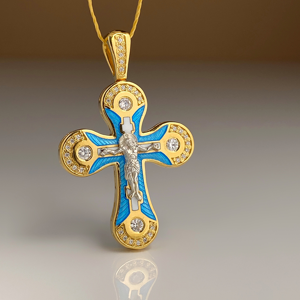 Нательный крест с камнями и голубой эмалью «КЭ103» серебро/золочение