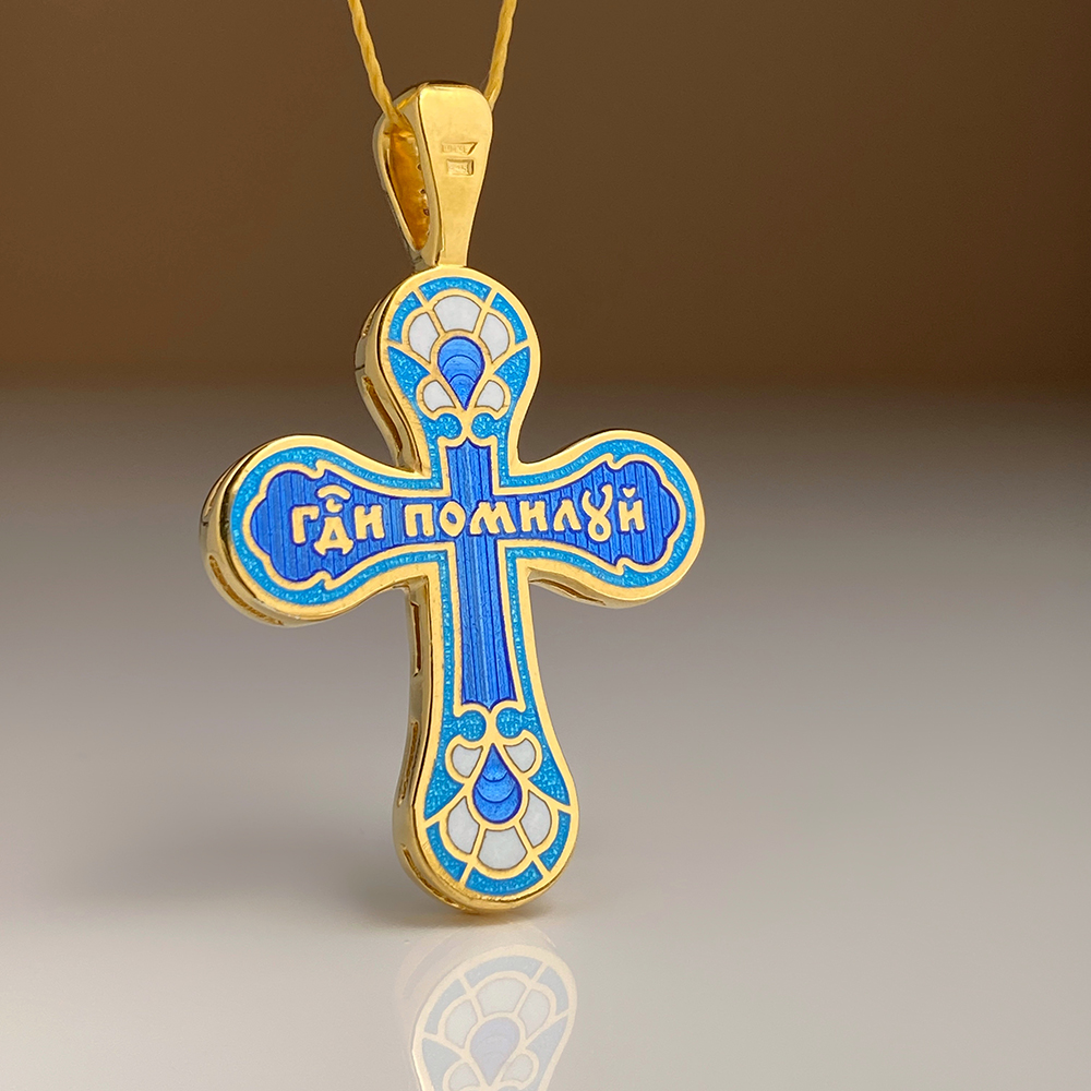 Нательный крест с камнями и голубой эмалью «КЭ103» серебро/золочение
