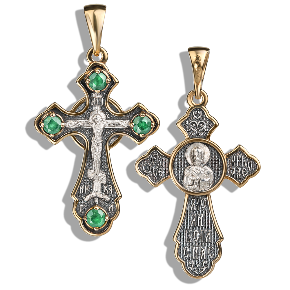 Нательный крест с природным изумрудами 109из