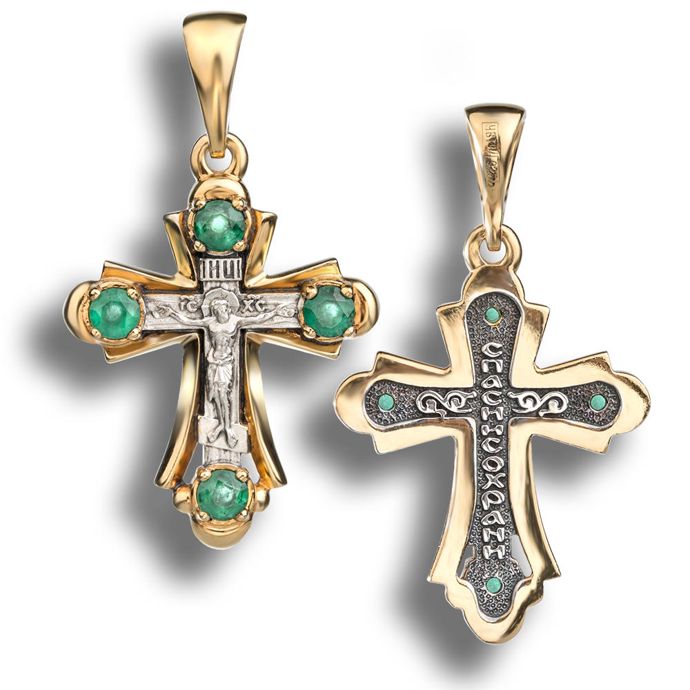 Нательный крест с природным изумрудом 111из