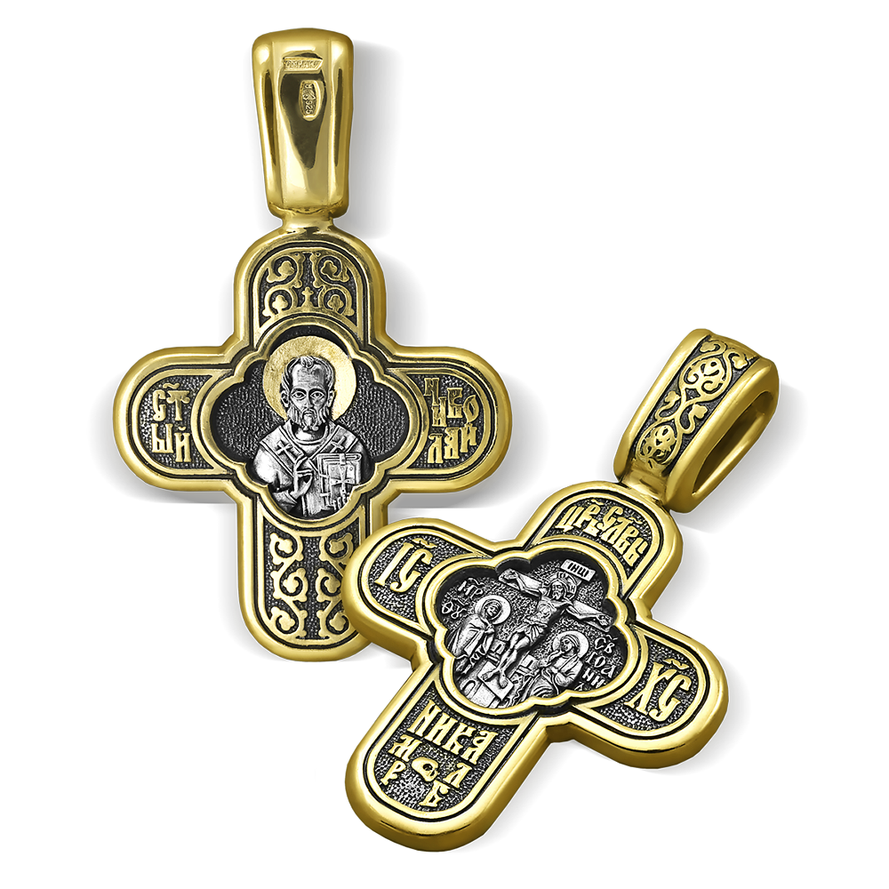 Нательный крест «Св. Николай Чудотворец» серебро/золото