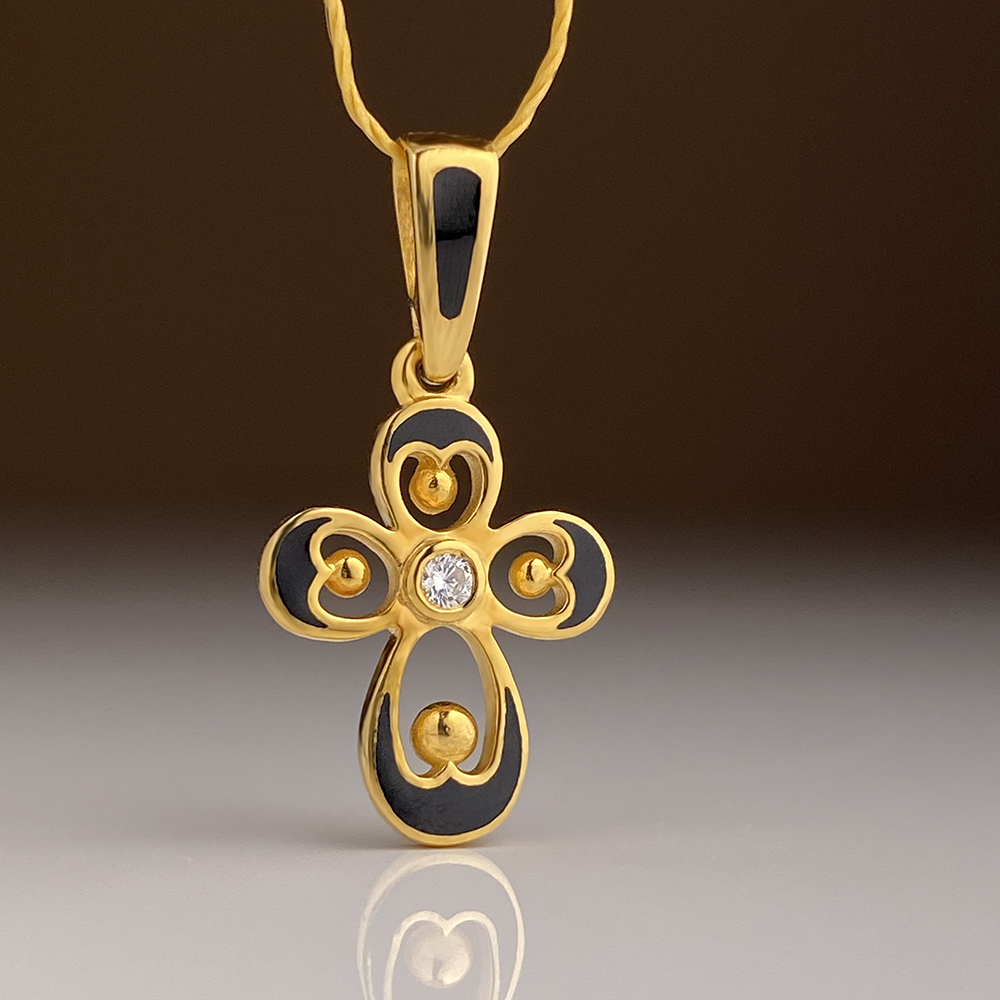 Нательный крестик черный с горячей эмалью «КЭ25» серебро/золото