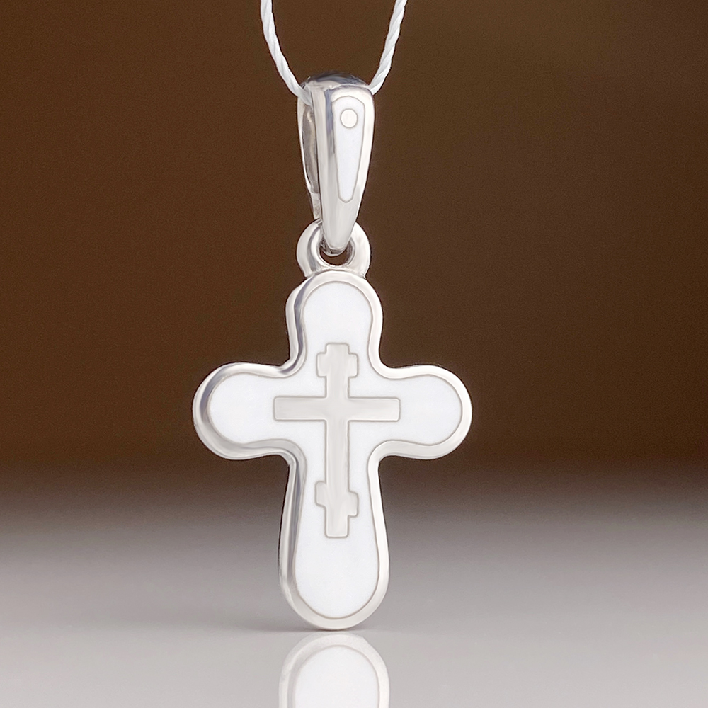 Нательный крестик без распятия белый «К021» серебро/родий