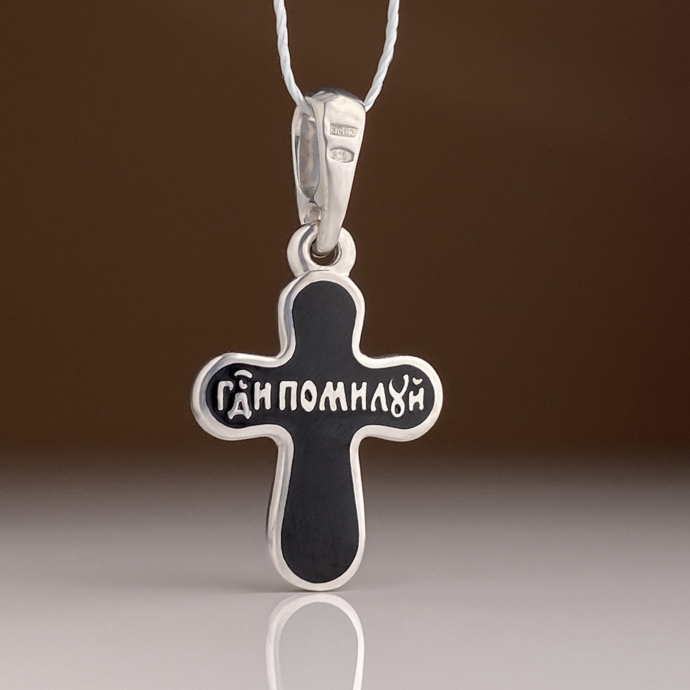Нательный крестик с черной эмалью «К021» серебро/родий