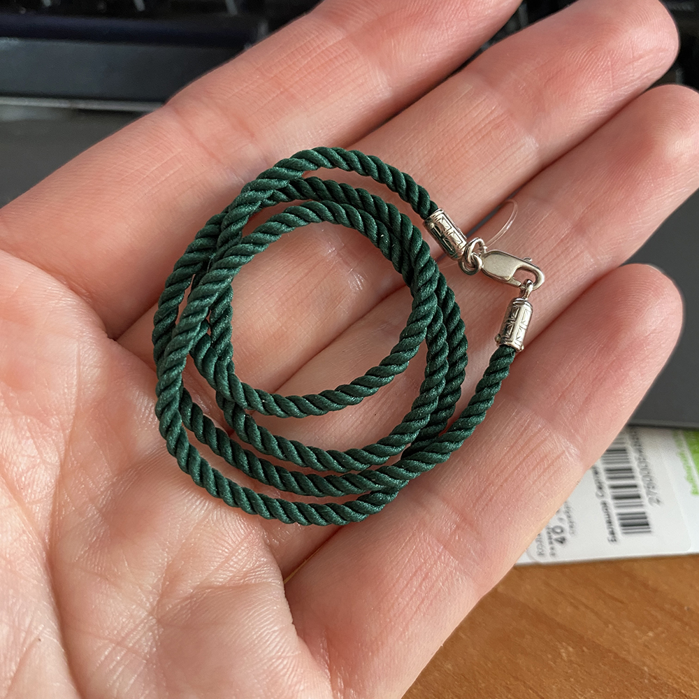 Шнурок на шею для детей и взрослых серебро/родий зелёный