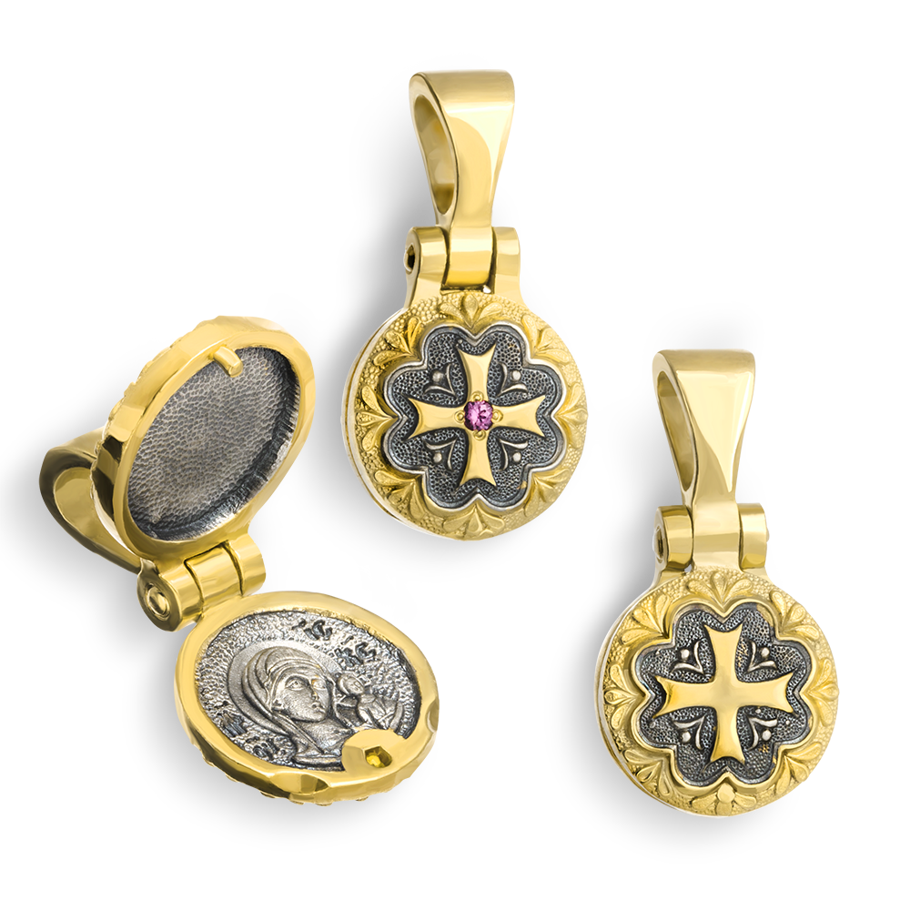 Складень «Казанская» фианит серебро/позолота