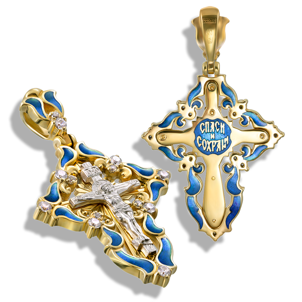 Женский крест с камнями К117 голубой серебро/золочение