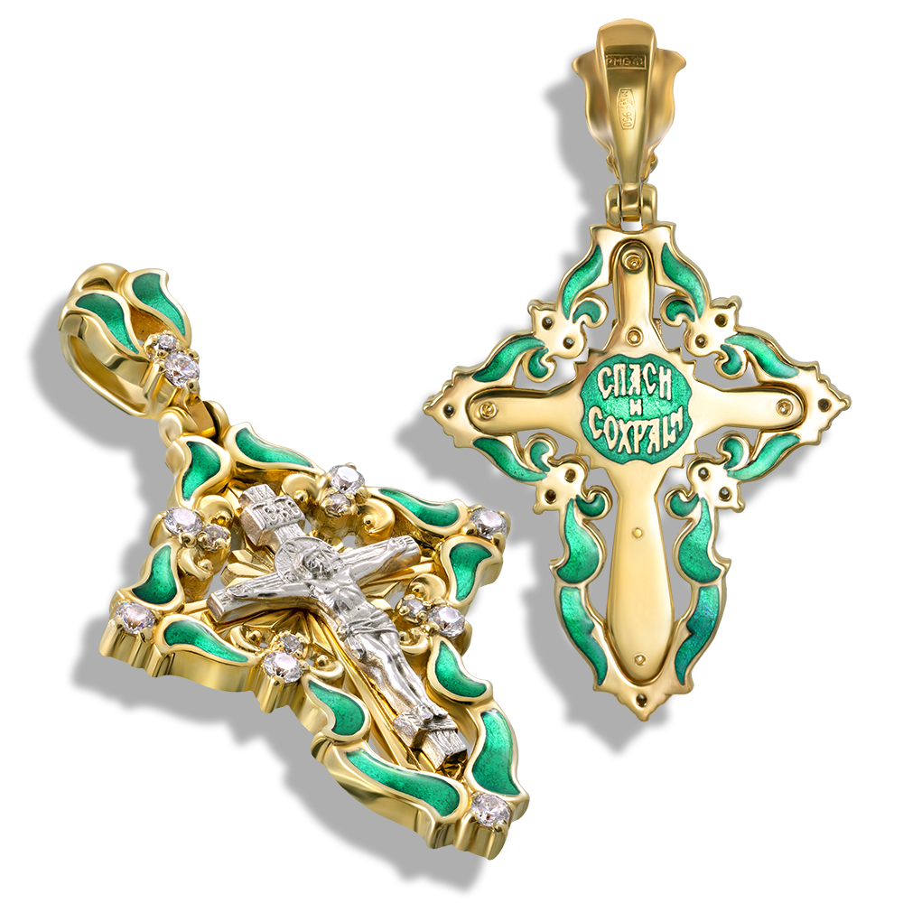Женский крест с камнями К117 зеленый серебро/золочение
