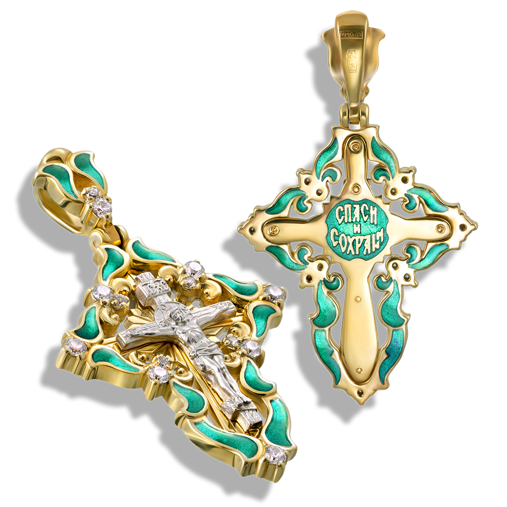 Женский крест с камнями К117 «тиффани» серебро/золочение