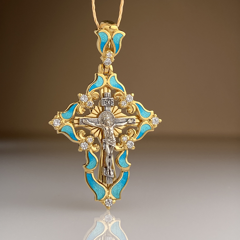 Женский крест с камнями К117 «тиффани» серебро/золочение